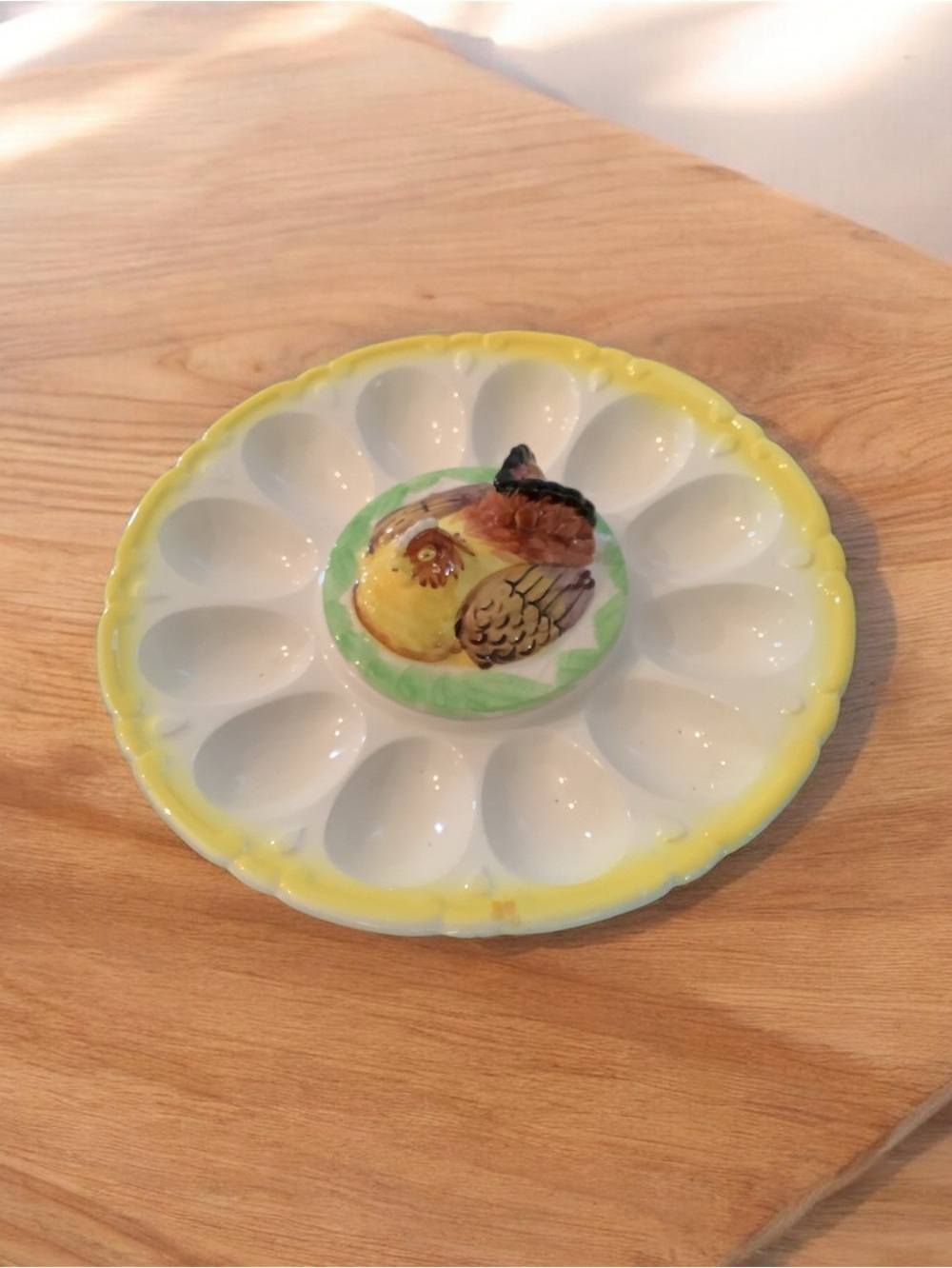 Vintage deviled egg stand with hen toothpick holder